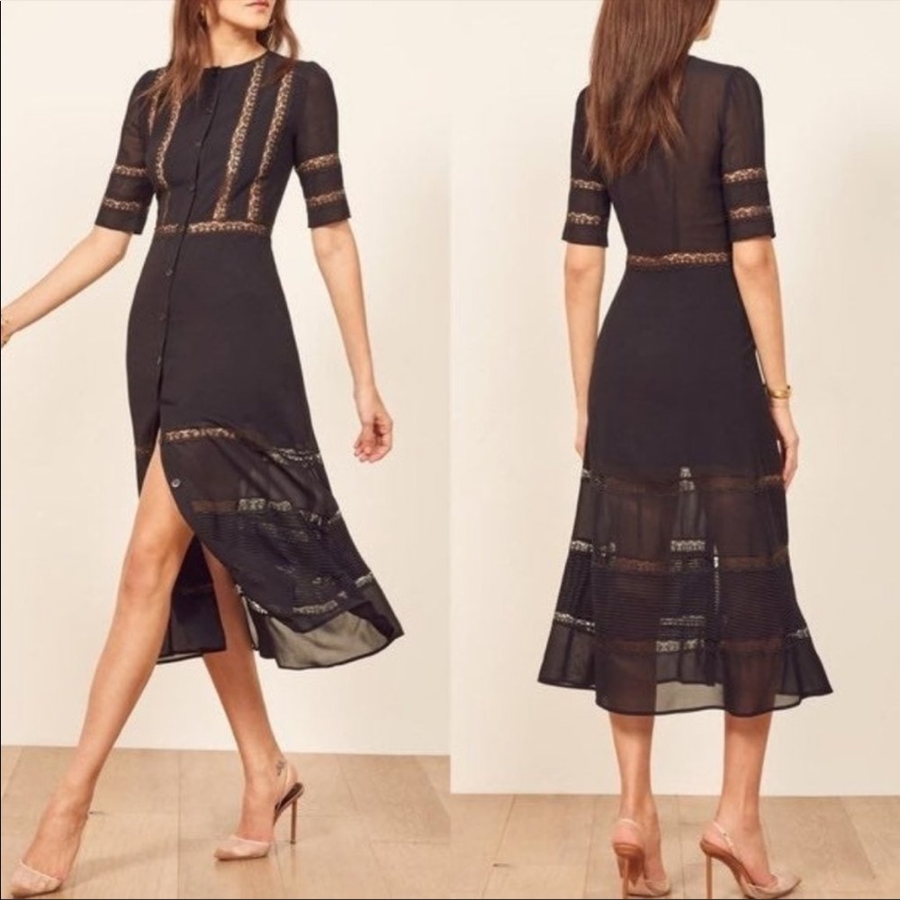 Reformation Black Short Sleeve Lace & Chiffon Button Front Surrey Midi Dress 6